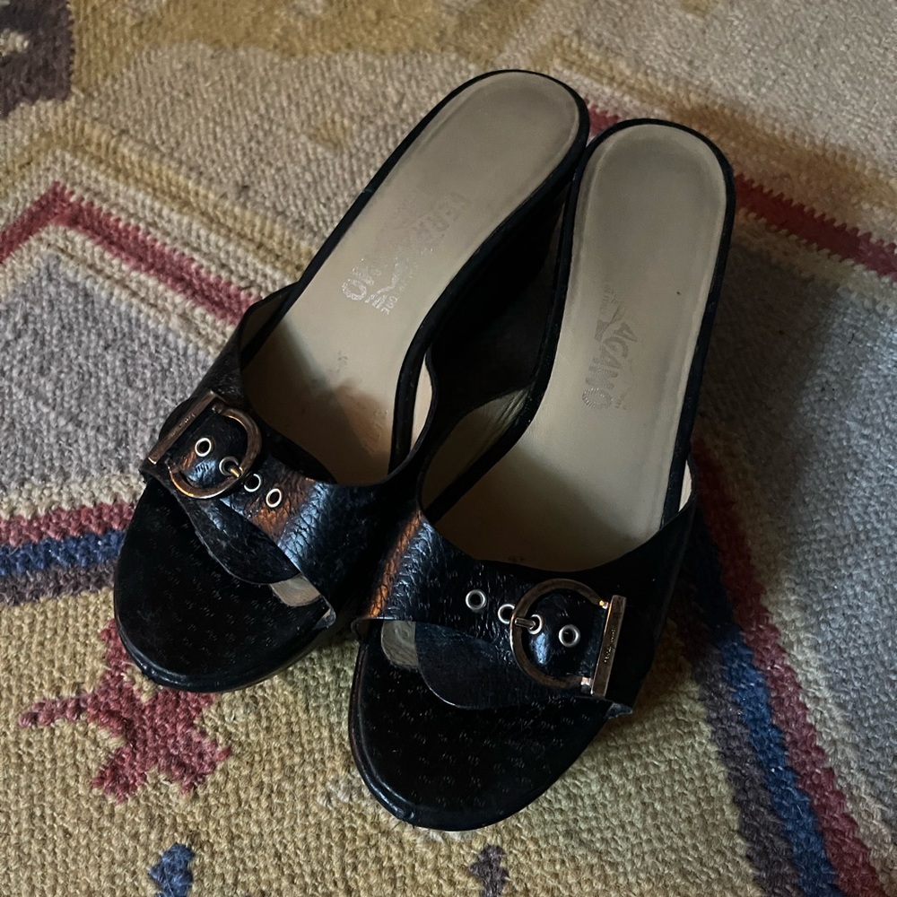 Salvatore Ferragamo Black Wedge Sandals Open Toe